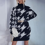 Women Knitted Sweater Autumn and Winter Turtleneck Loose Long Sleeve Houndstooth Woolen Skirt