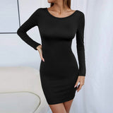 Women Dress Spring and Summer Sexy Hollow-out Slim-Fit Sheath Knitted Long-Sleeved Dress
