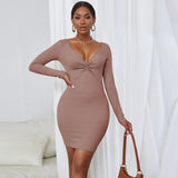 Women Dress Sexy V-neck Long Sleeve Tight Dress Hip Skirt