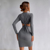 Women Dress Autumn Winter Sexy Hollow out Knitted Long-Sleeved Dress