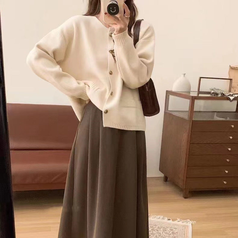 Women Knitwear Spring and Autumn round Neck Sweater Loose Knitted Cardigan