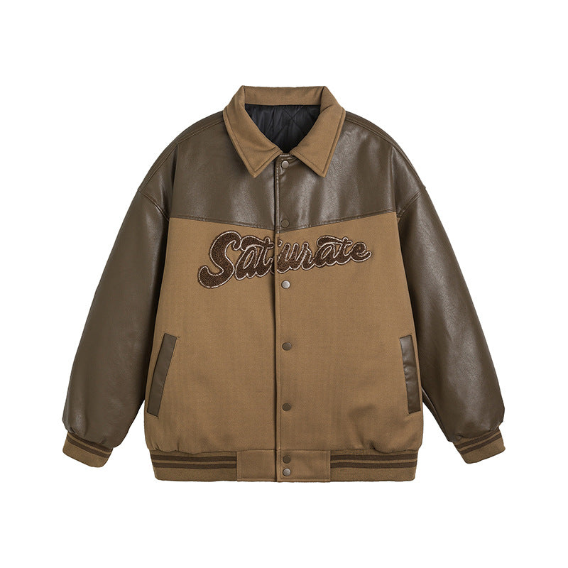 Unisex Winter Cotton Coat Retro Patchwork Contrast Color Letter Tide Polo Collar Jacket Baseball Uniform