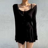 Women Dresses U-Neck Sling Pleated Dress Cardigan Button Long Sleeve Jacket Two-Piece Short Skirt