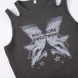 Women T-shirt Butterfly Print Slim-Fit Ribbon Thread Vest