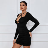Women Dress Sexy Cutout Tight Skirt Short Skirt Sheath Long Sleeve Dress