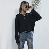 Women Knitted Sweater Autumn and Winter Leisure Ripped Long Sleeves Black Sweater