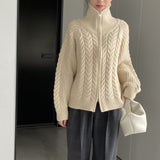 Women Cardigan Sweater Coat Long Sleeve Loose Zip Turn-down Collar Coat L1216