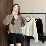 Women Knitted Pullover Fall V-neck Knitwear Loose Long Sleeve Top