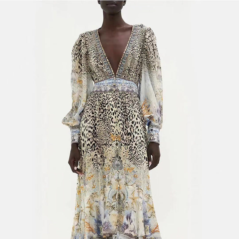 Women Dresses Spring V-neck Printed Long Sleeve Dress Long Dress (Qymy0409)