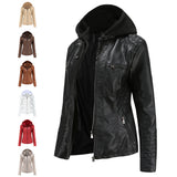 Red Leather Jacket Hooded Leather Jacket Two-Piece Detachable Leather Jacket Women's Spring and Autumn Coat Women's Pu