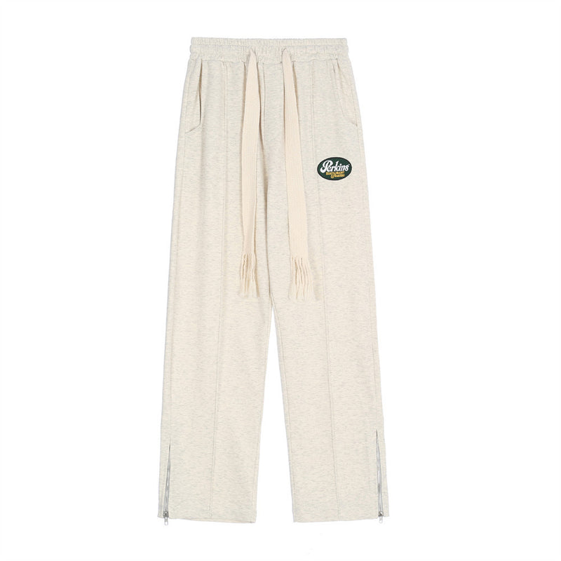 Men Sweatpants Solid Color Ribbon Casual Pants Split Sports Trousers