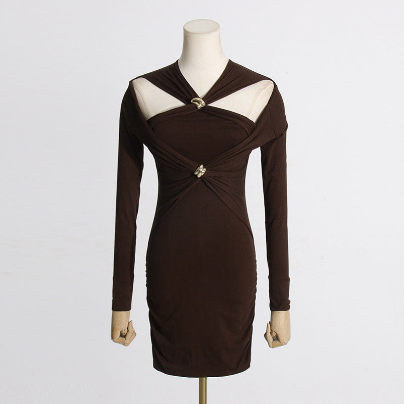Women Dresses Spring Hollow-out Slim-Fit Long-Sleeved Dress Skirt (Qymy0409)