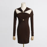 Women Dresses Spring Hollow-out Slim-Fit Long-Sleeved Dress Skirt (Qymy0409)