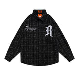 Men Jacket Coat Letter Embroidered Plaid Shirt Long Sleeve Men's Loose Lapels Shirt Cardigan Jacket