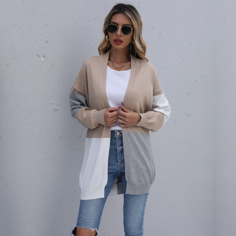 Women Knitted Sweater Autumn Loose Color Stitching Knitted Cardigan Sweater Coat