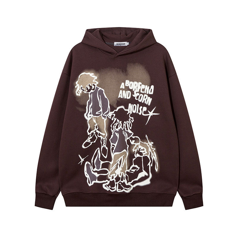 Men Hoodie Cartoon Graffiti Printed Hoodie Men and Women Couple Loose Casual Pullover