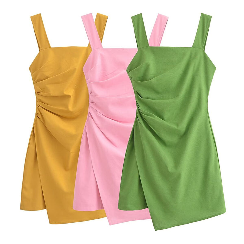 Women Tops Summer Retro Square Collar Linen Sling Dress