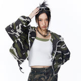 Women Jacket Camouflage Short Hood Zipper Cardigan Outerwear