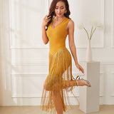 Women Evening Dress Tassel Dress V-neck Prom Evening Gown