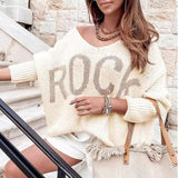 Women Knitted Sweater Winter Autumn and Winter Loose Knitted Sweater Long Sleeve Letter Sweater