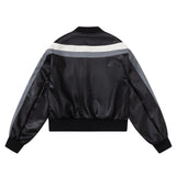 Women Jacket Color Contrast Patchwork Short PU Leather Jacket Stand Collar Biker's Leather Jacket