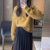 Women Knitted Pullover Hand Embroidery Flower Sweater