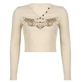 Women T-shirt Heart Wings Printed Slim V-neck Short Top