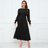 Women Date Dress Fall/Winter Slim Long Sleeve round Neck Pleated Long Dress