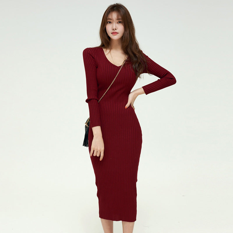 Women Maxi Dress Sexy V-neck Long Sleeve Knitted Dress