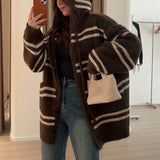 Women Knitwear Autumn and Winter Striped Hooded Sweater Coat