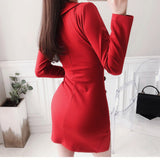 Women Dresses V-neck Pleated Cross Long Sleeves Dress Button Split Skirt