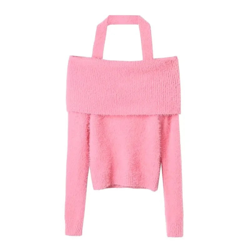 Women Sweater Knitwear off-the-Shoulder Long Sleeve Sweater Outer Wear Slim-Fit Jumper