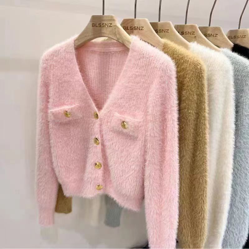 Women Knitted Cardigan Autumn and Winter V-neck Waterproof Slim-Fit Long-Sleeved Knitted Cardigan Sweater