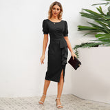 Women Date Dress round Neck Pleated Lace Dress