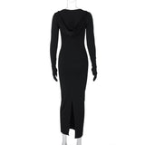 Women Dresses Winter Sexy V-neck Hooded Slim Fit Long Sleeve Dress