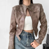 Women Leather Jacket Retro Short Slim-Fitting Biker Jacket Autumn Leather Coat Suede Jacket