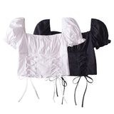 Women Tops Summer Vintage Court Style Puff Sleeve Square Collar Lace up Shirt