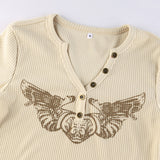Women T-shirt Heart Wings Printed Slim V-neck Short Top