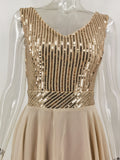 Women Evening Gown Sexy Retro Chiffon Stitching Green Sequins Dress
