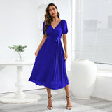 Women Date Dress Summer V-neck Puff Sleeve Lace-up Pleated Dress