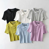 Women Sweater Knitwear Vintage Polo Lapel Single Breasted Thread Exposed Navel Knitted T-shirt