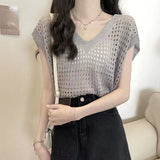 Women Knitwear Summer Hollow out V-neck Sleeveless Knitwear