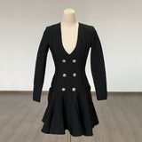 Women Evening Dress Double Breasted Dress Bandage Gown V-neck