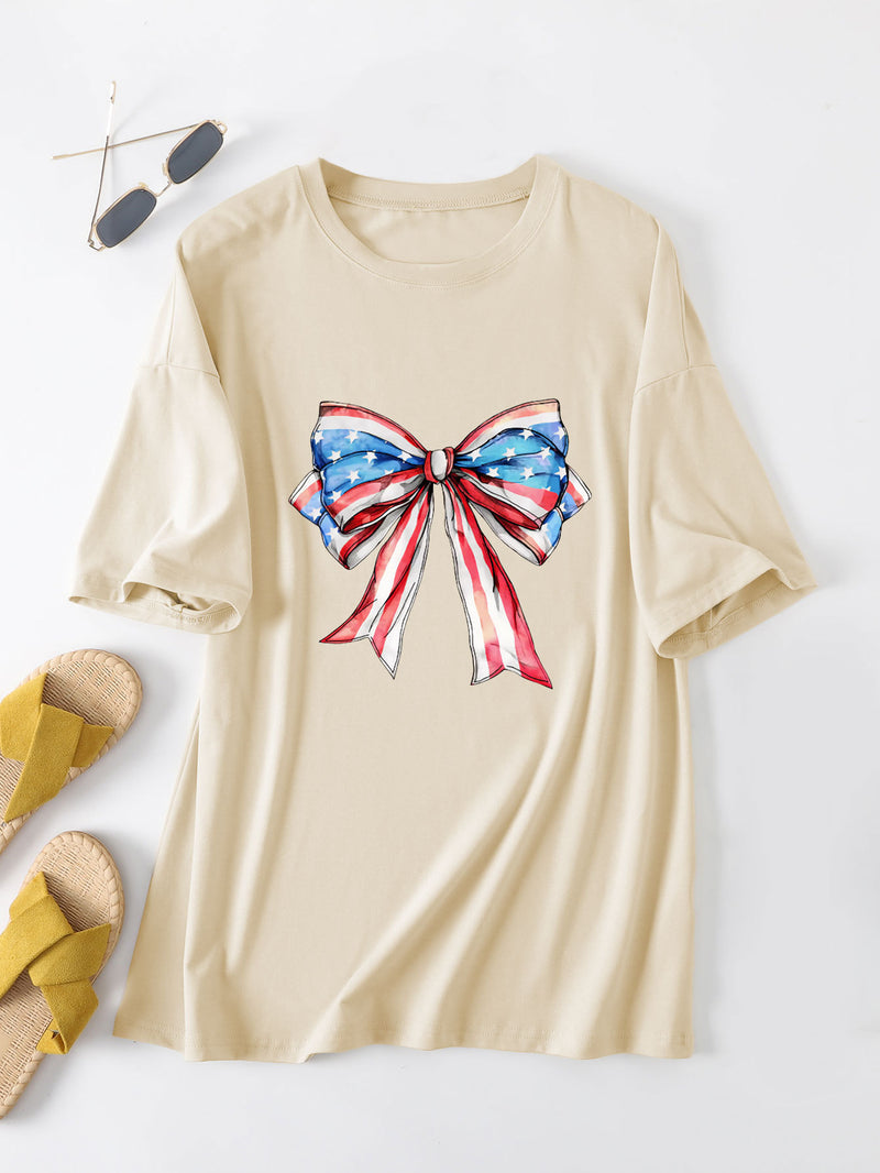 Summer Crew Neck Loose T-Shirt Bow Printing Loose