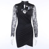Women Dresses Sexy V-neck Slim Fit Hip Skirt Sexy Lace Long Sleeve Dress (Csm202403)