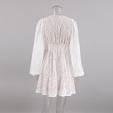 Women Dress Spring V-neck Lantern Sleeve A- line Skirt