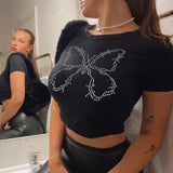 Women T-shirt Vintage Butterfly Rhinestone Knitted Slim round Neck T-shirt