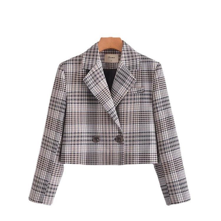 Women Suits Double Breasted Plaid Coat Spring Lapel Long Sleeve Short Top
