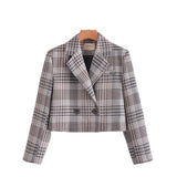 Women Suits Double Breasted Plaid Coat Spring Lapel Long Sleeve Short Top