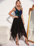 Women Evening Gown Sexy Retro Chiffon Stitching Green Sequins Dress